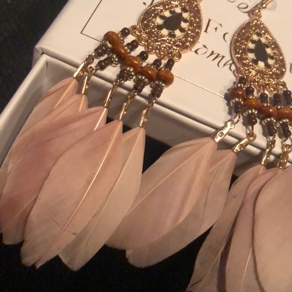 Boho Feather Long Earrings in Box Designer Mauve - Picture 2 of 6